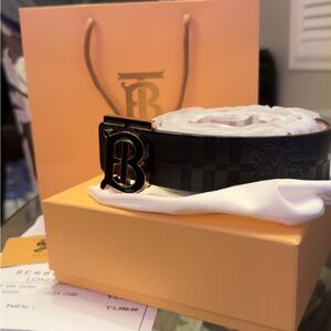 Burberry Black Embossed Check Leather Belt with Monogram B Buckle